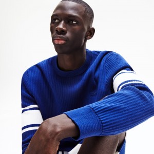 Suéteres Lacoste Striped Sleeves Cotton And Linen Blend Crew Neck Hombre Azul Marino Azules Blancos | EI5-60906S9