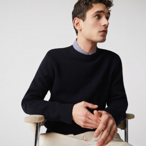 Suéteres Lacoste Textured Striped Wool-Blend Hombre Azul Marino Azules | SP0-49954D4