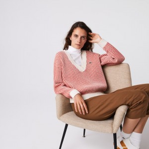 Suéteres Lacoste Two-Tone Low V-Neck Ribbed Wool Mujer Rojos Beige | BV5-14581Y2