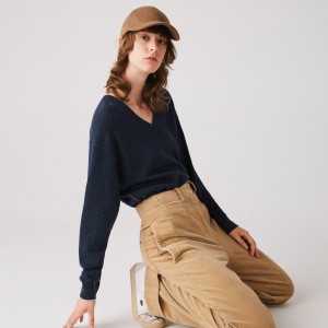 Suéteres Lacoste V-Neck Wool Mujer Azules | KG4-94329V6