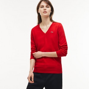 Suéteres Lacoste V-neck Jersey Mujer Rojos | JK5-79537L7