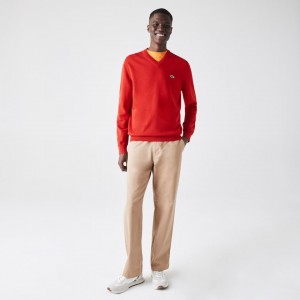 Suéteres Lacoste V-neck Organic Cotton Hombre Rojos | HL4-58915E3