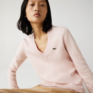 Suéteres Lacoste V-neck Organic Cotton Mujer Rosas Claro Blancos | SB8-61316D6