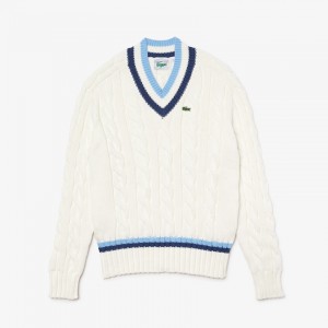 Suéteres Lacoste V-neck Striped-Trim Cable-Knit Hombre Blancos Azules | GT3-78127H0