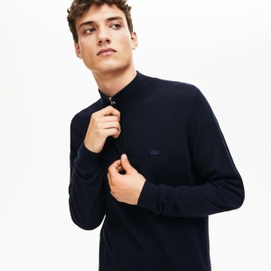 Suéteres Lacoste Zippered Stand-Up Collar Wool Jersey Hombre Azul Marino Azules | LO5-53725P6