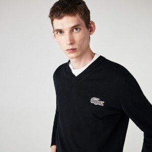 Suéteres Lacoste x National Geographic V-neck Cotton Hombre Azul Marino Azules Blancos | BR5-98539I9