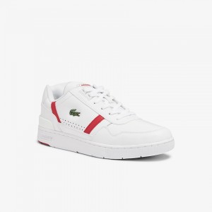 Tenis Lacoste T-Clip Leather Hombre Blancos Rojos | WW6-98319S2