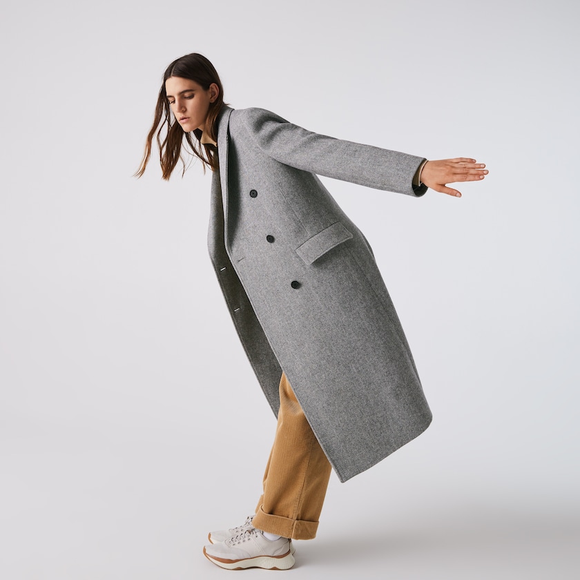 Abrigos Lacoste Double-Breasted Chevron Long Wool Blend Mujer Blancos Grises | QB2-76787H9