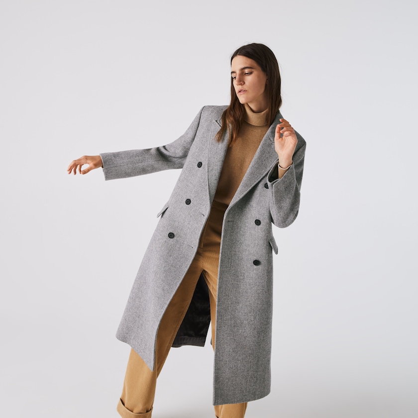 Abrigos Lacoste Double-Breasted Chevron Long Wool Blend Mujer Blancos Grises | QB2-76787H9