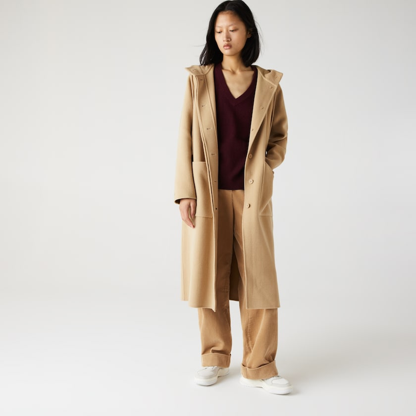 Abrigos Lacoste Hooded Zippered Long Wool Blend Mujer Beige | LH3-34233E4