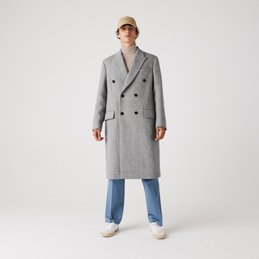 Abrigos Lacoste Long Double-Breasted Herringbone Wool Hombre Blancos Grises | WF2-83918P1