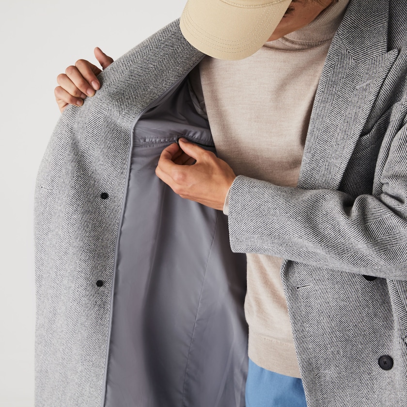 Abrigos Lacoste Long Double-Breasted Herringbone Wool Hombre Blancos Grises | WF2-83918P1