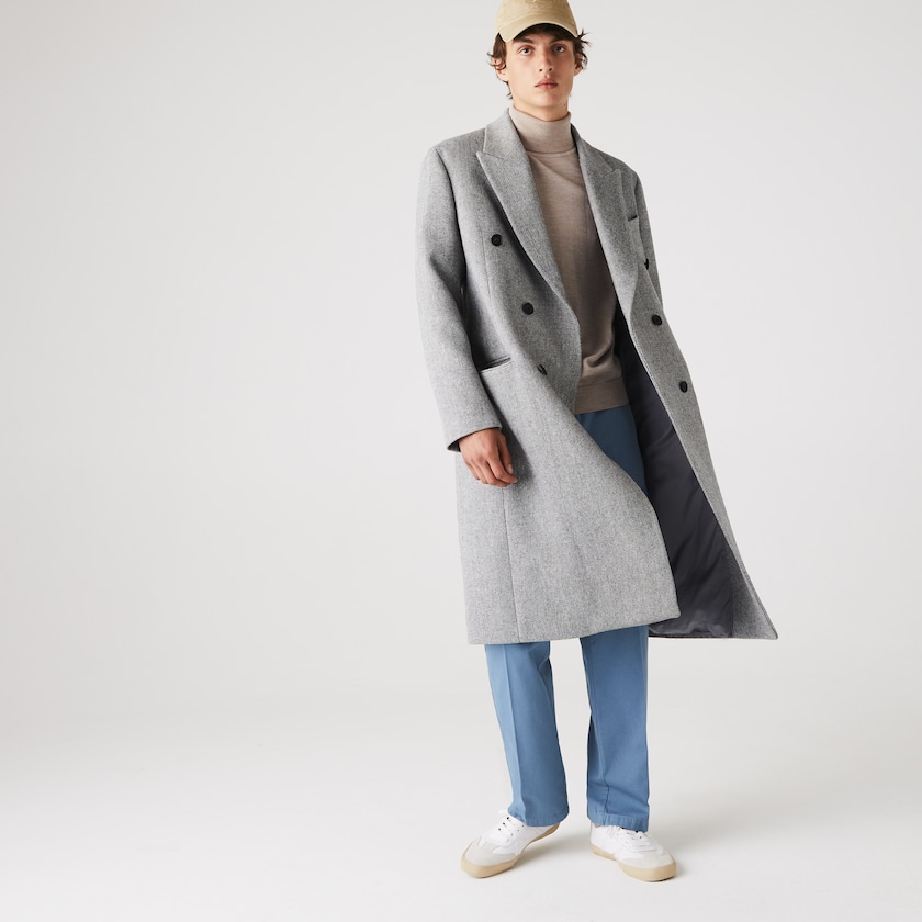Abrigos Lacoste Long Double-Breasted Herringbone Wool Hombre Blancos Grises | WF2-83918P1