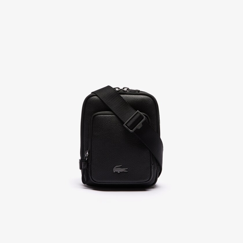 Bolsas Lacoste Hombre Negros Soft Mate Matte Full-Grain Cuero Small Flat Crossbody Bag EI1-39323S4