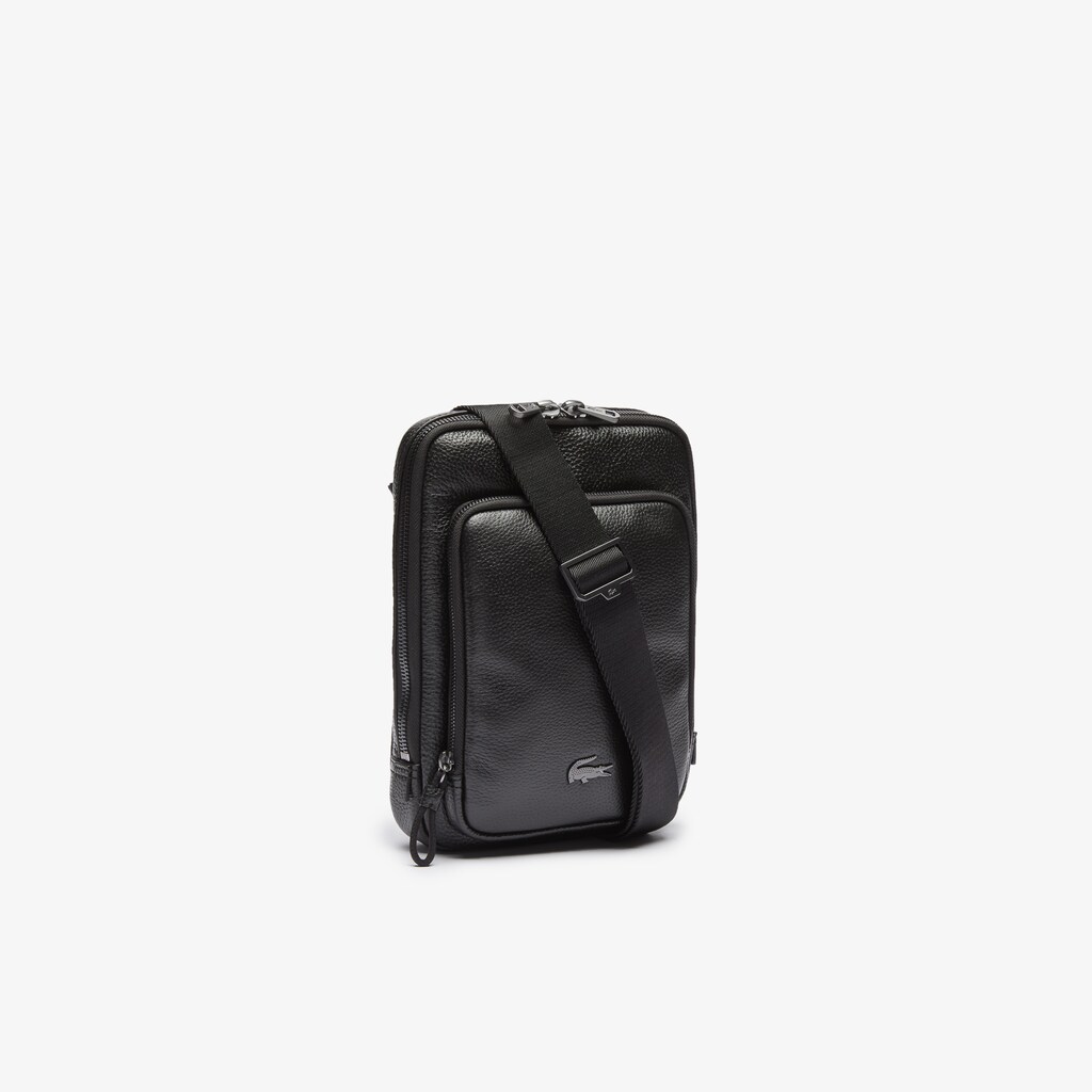 Bolsas Lacoste Hombre Negros Soft Matte Full-Grain Cuero Flat Crossbody Bag OG7-31173W4