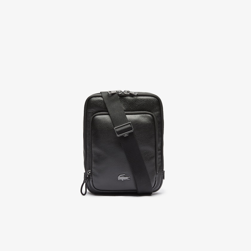 Bolsas Lacoste Hombre Negros Soft Matte Full-Grain Cuero Flat Crossbody Bag OG7-31173W4