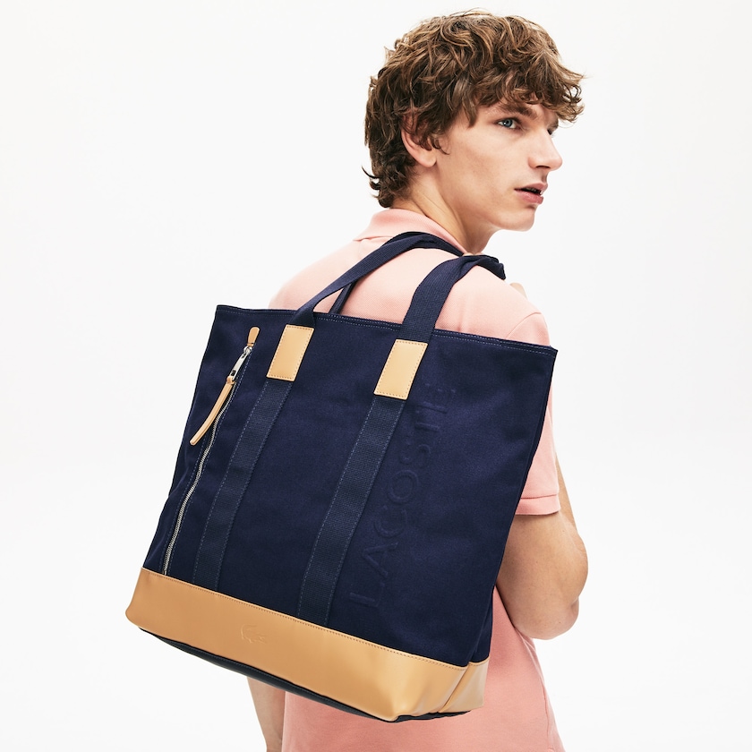 Bolso Tote Lacoste Hombre Azul Marino Marrom Classic Cuero and Canvas PD2-54155E4