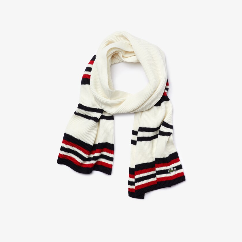 Bufandas Lacoste Made in France Striped Ribbed Rectangular Wool Hombre Blancos Azul Marino Azules Rojos | MH7-47194G6