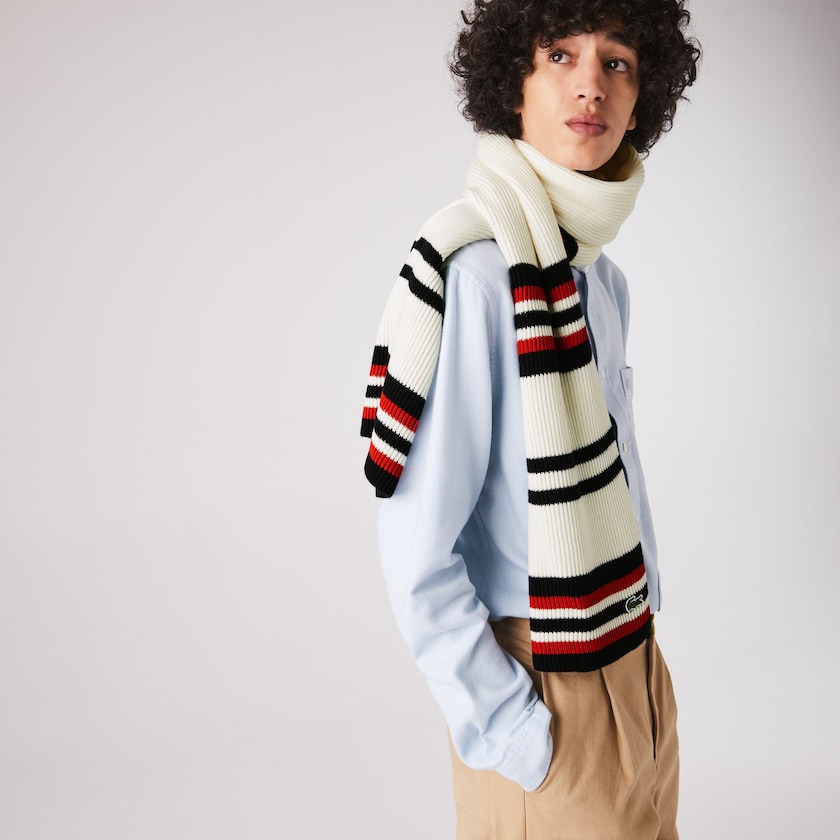 Bufandas Lacoste Made in France Striped Ribbed Rectangular Wool Hombre Blancos Azul Marino Azules Rojos | MH7-47194G6
