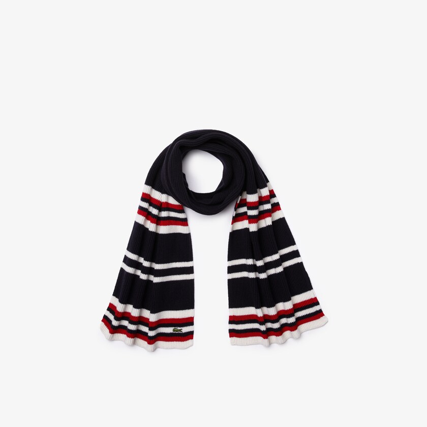 Bufandas Lacoste Made in France Striped Ribbed Rectangular Wool Hombre Azul Marino Azules Blancos Rojos | MU0-25732B9