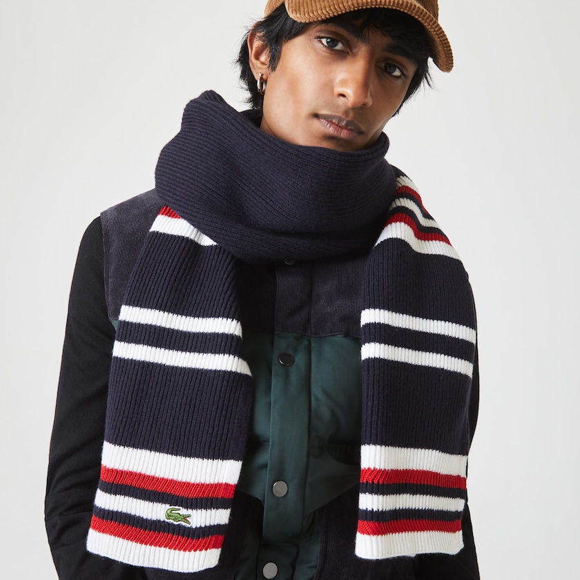 Bufandas Lacoste Made in France Striped Ribbed Rectangular Wool Hombre Azul Marino Azules Blancos Rojos | MU0-25732B9