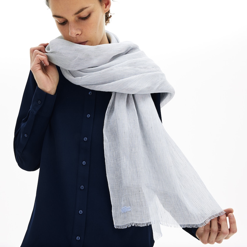 Bufandas Lacoste Pinstriped Cotton-Linen Mujer Azules Claro Blancos Azul Marino Azules | CI3-29212A1
