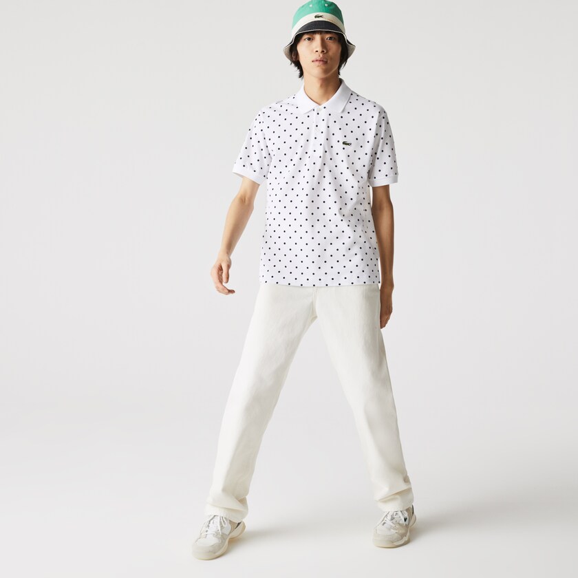 Camisa Polo Lacoste Classic Fit Polka Dot Cotton Piqué Hombre Blancos Azul Marino Azules | EJ2-43224O4