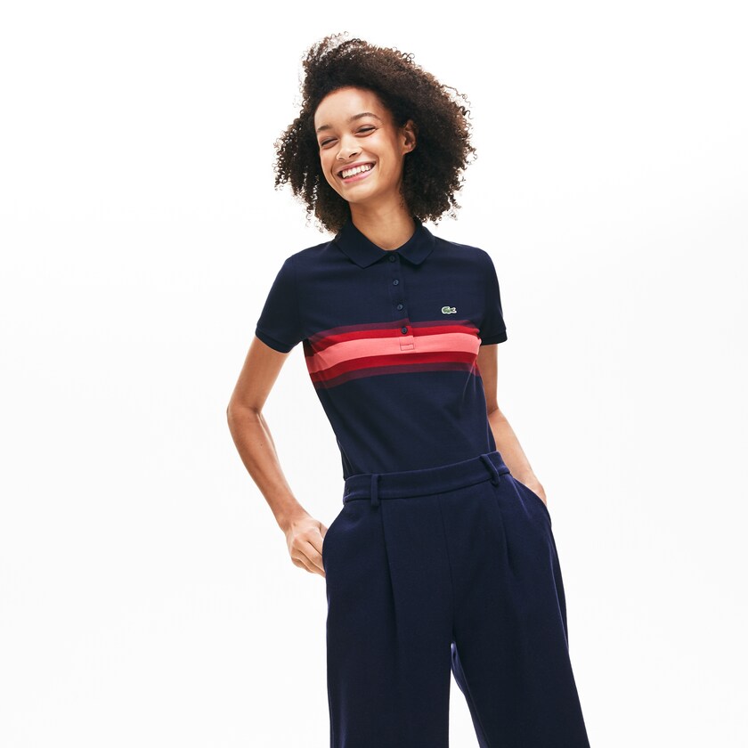 Camisa Polo Lacoste Color Block Stripe Mujer Azul Marino Azules Rojos Oscuro Rosas | IB9-81888F2