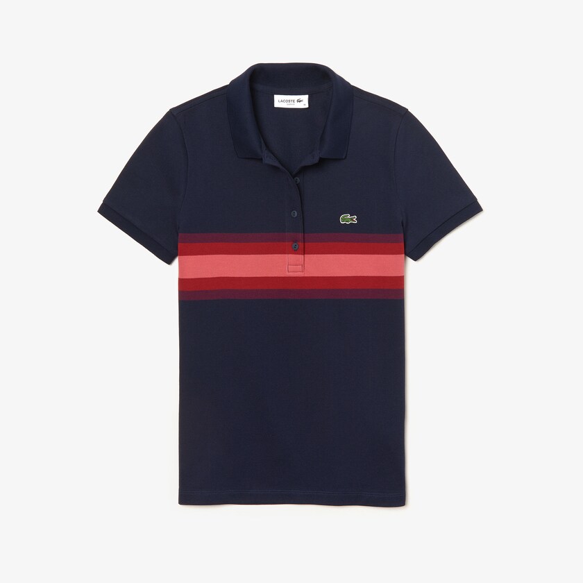 Camisa Polo Lacoste Color Block Stripe Mujer Azul Marino Azules Rojos Oscuro Rosas | IB9-81888F2