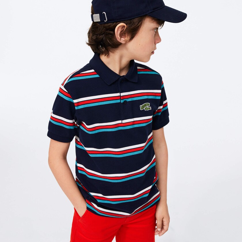 Camisa Polo Lacoste Niños Azul Marino Azules Blancos Embroidered Logo Striped JU8-19571E5