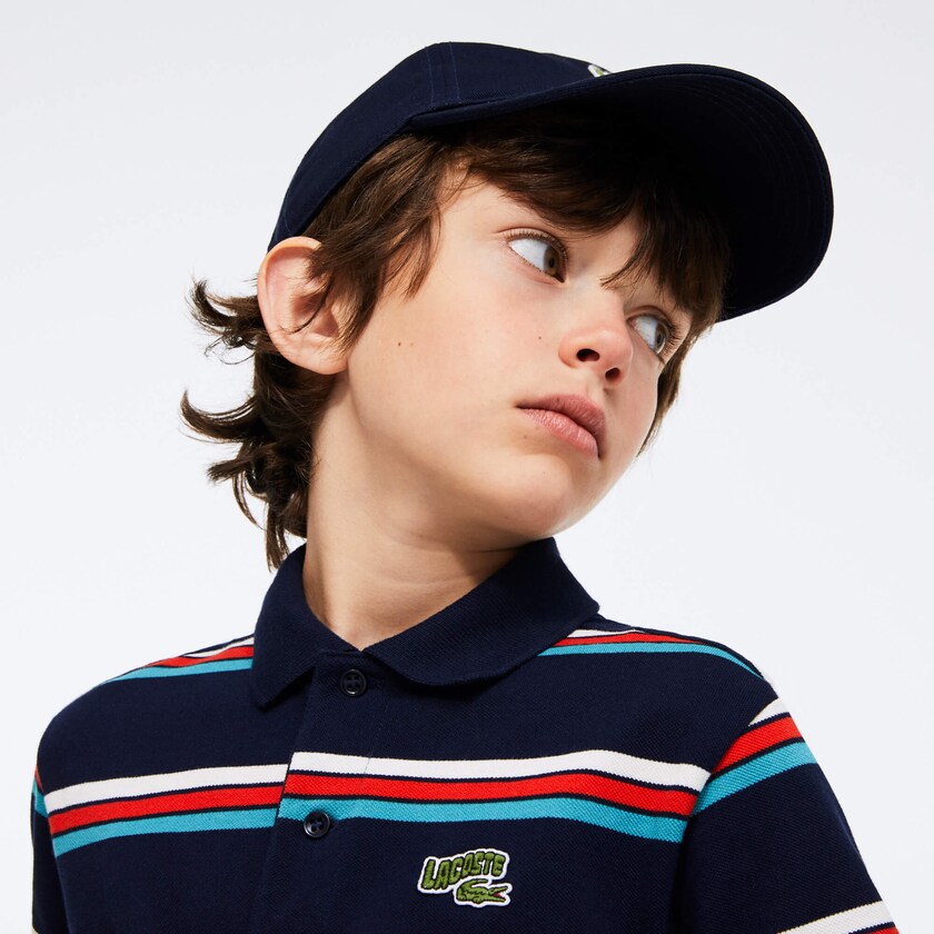 Camisa Polo Lacoste Niños Azul Marino Azules Blancos Embroidered Logo Striped JU8-19571E5