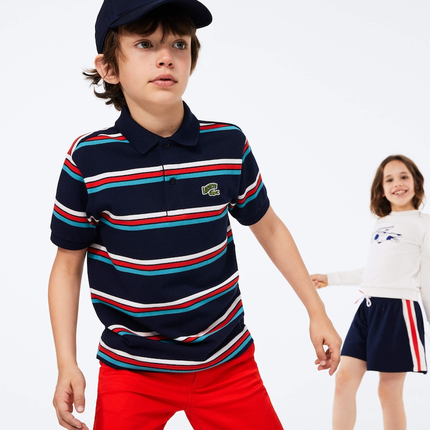 Camisa Polo Lacoste Niños Azul Marino Azules Blancos Embroidered Logo Striped JU8-19571E5