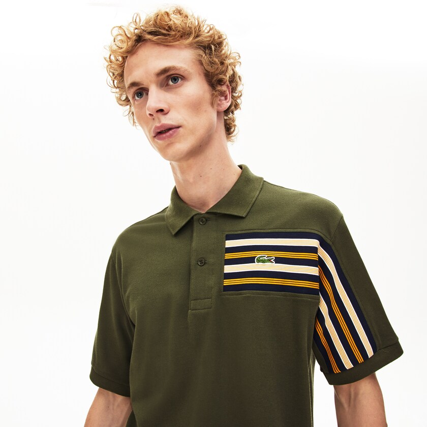 Camisa Polo Lacoste L.12.12 Off-Center Stripe Cotton Piqué Hombre Kaki Verdes | HE7-47544Z9