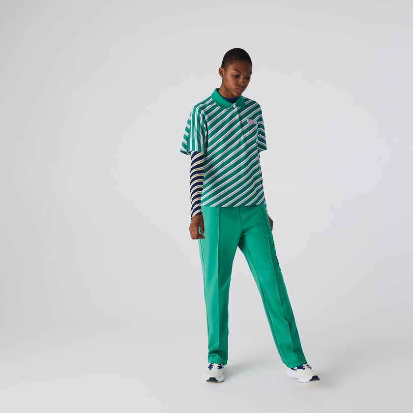 Camisa Polo Lacoste LIVE Loose Fit Badge Striped Cotton Piqué Mujer Verdes Blancos | SU7-93899U6