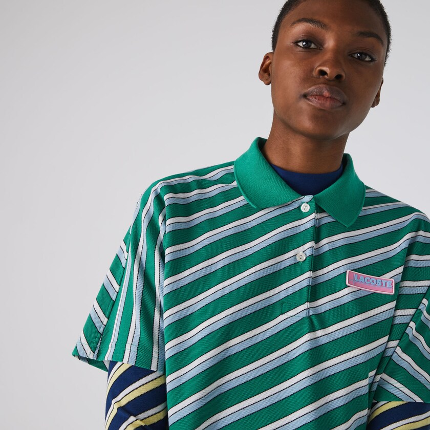 Camisa Polo Lacoste LIVE Loose Fit Badge Striped Cotton Piqué Mujer Verdes Blancos | SU7-93899U6