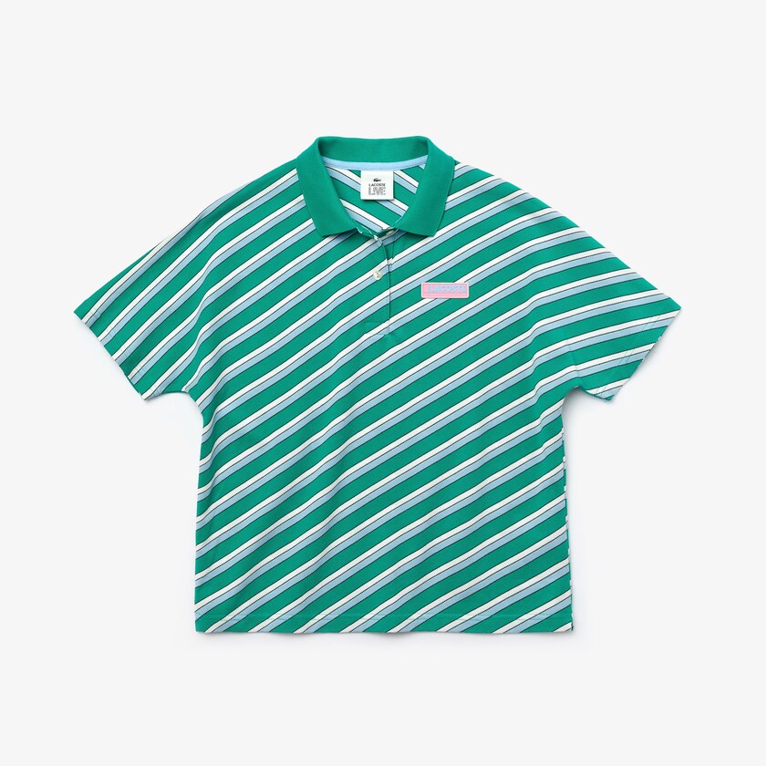 Camisa Polo Lacoste LIVE Loose Fit Badge Striped Cotton Piqué Mujer Verdes Blancos | SU7-93899U6