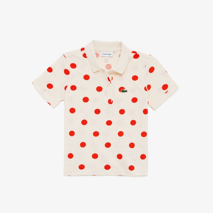 Camisa Polo Lacoste Niños Blancos Rojos Polka Dot Scalloped Collar Cotton Petit Piqué WQ4-69026I4