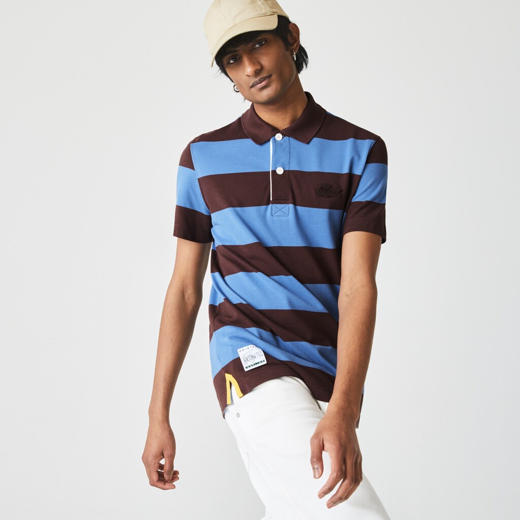 Camisa Polo Lacoste Regular Fit Striped Cotton Piqué Hombre Marrom Azules | KE1-33683Y0
