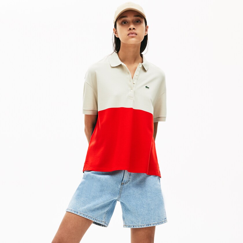 Camisa Polo Lacoste Relaxed-Fit Lightweight Color-Block Piqué Mujer Rojos Beige Azul Marino Azules | GU9-43414S4