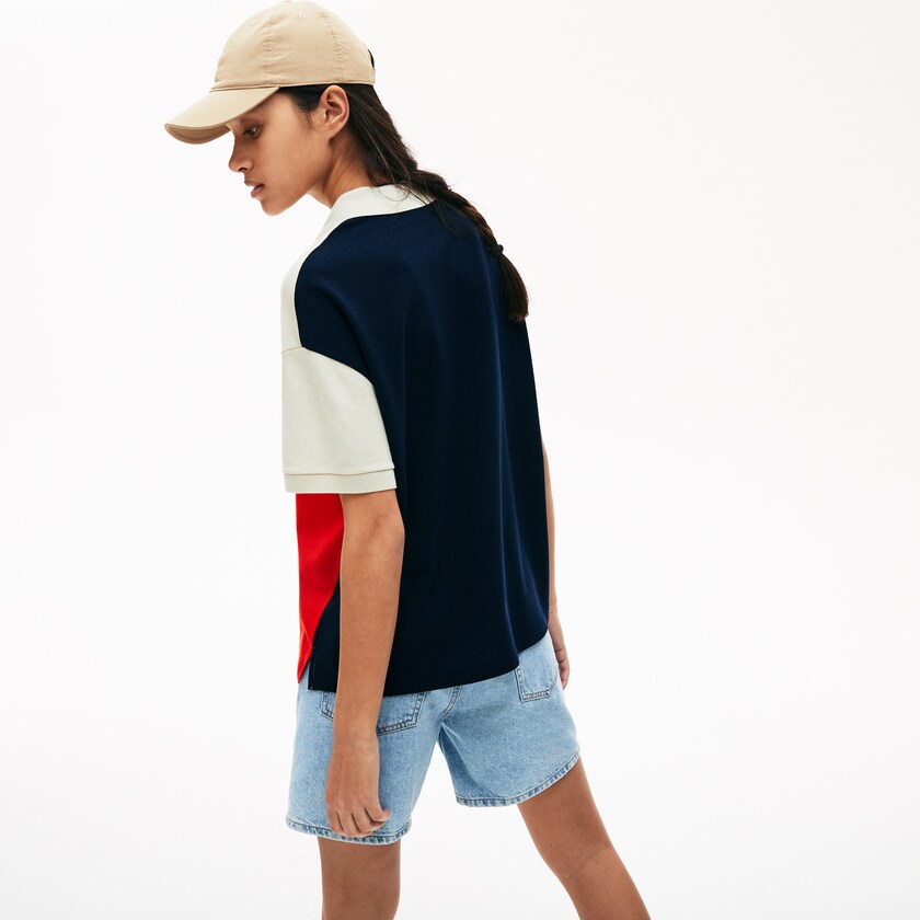 Camisa Polo Lacoste Relaxed-Fit Lightweight Color-Block Piqué Mujer Rojos Beige Azul Marino Azules | GU9-43414S4