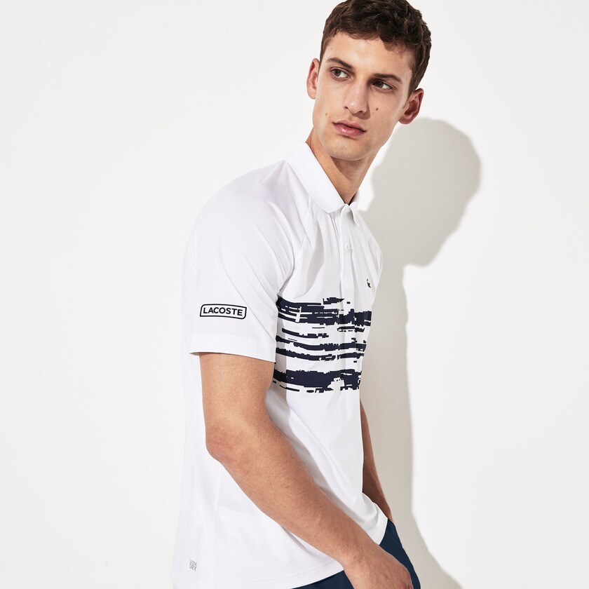 Camisa Polo Lacoste SPORT Novak Djokovic Stretch Print Jersey Hombre Blancos Azul Marino Azules | IM0-22542K3