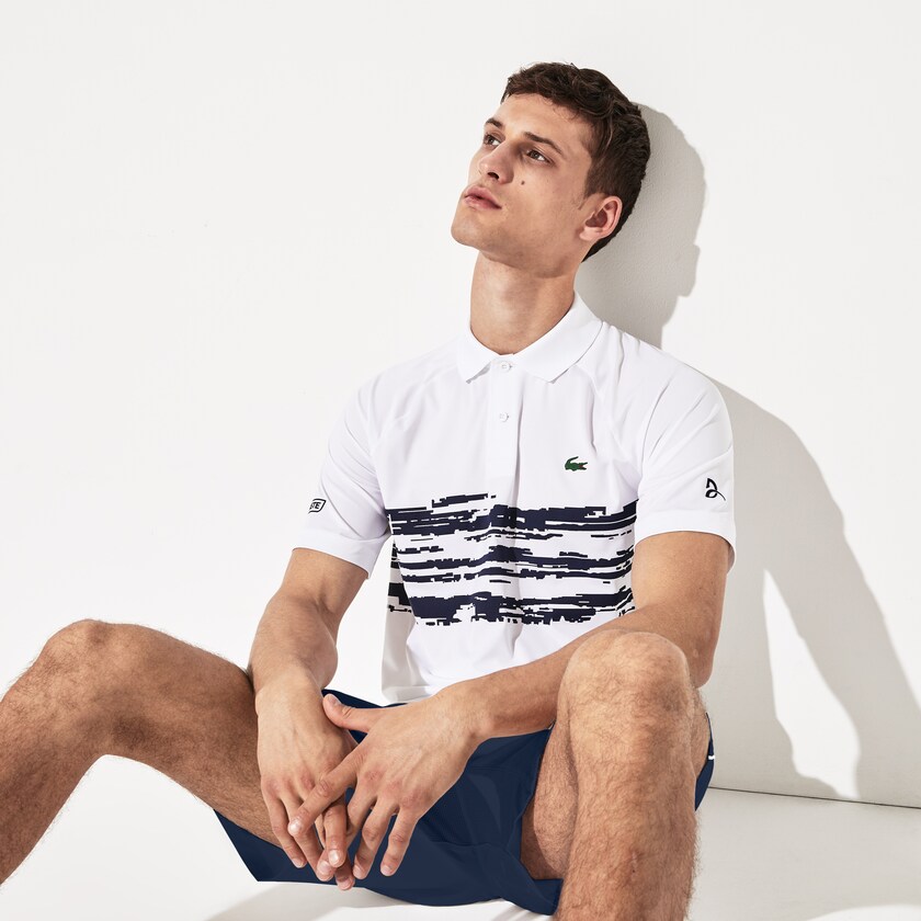 Camisa Polo Lacoste SPORT Novak Djokovic Stretch Print Jersey Hombre Blancos Azul Marino Azules | IM0-22542K3
