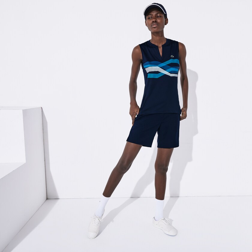 Camisa Polo Lacoste SPORT Ultra Dry Geometric Print Performance Mujer Azul Marino Azules Turquesa Azules Blancos | VQ4-65206K3