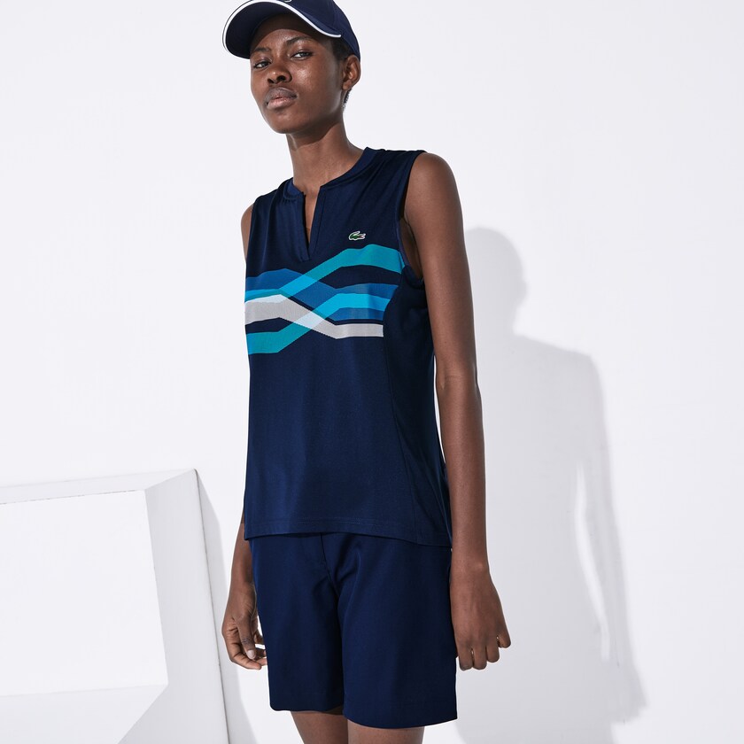Camisa Polo Lacoste SPORT Ultra Dry Geometric Print Performance Mujer Azul Marino Azules Turquesa Azules Blancos | VQ4-65206K3