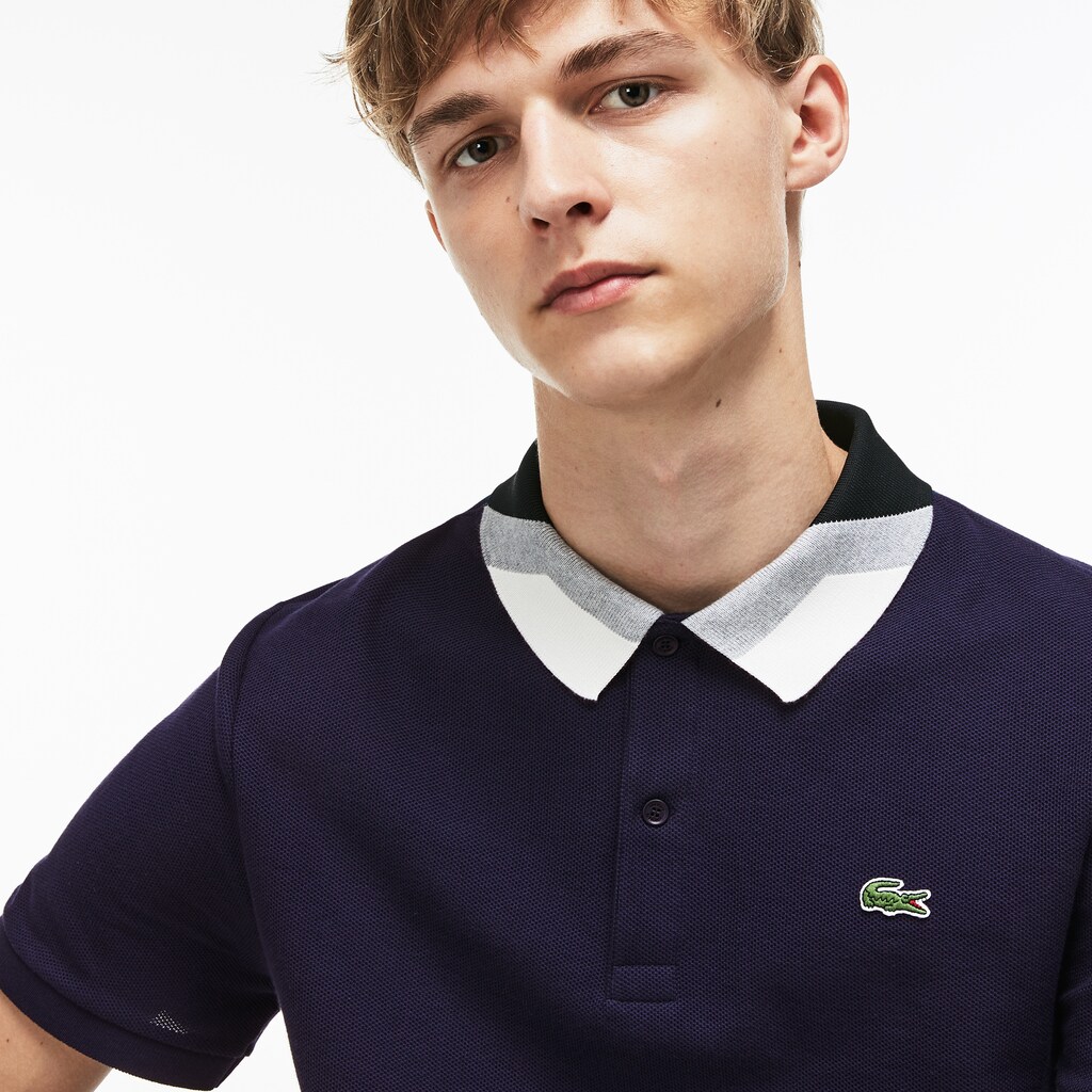 Camisa Polo Lacoste Slim Fit Colourblock Striped Knop Piqué Hombre Azul Marino Azules | TC3-42084V6