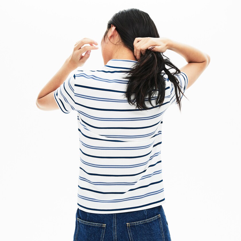 Camisa Polo Lacoste Slim Fit Striped Stretch Piqué Mujer Blancos Azules Azul Marino Azules | EG8-12021A4