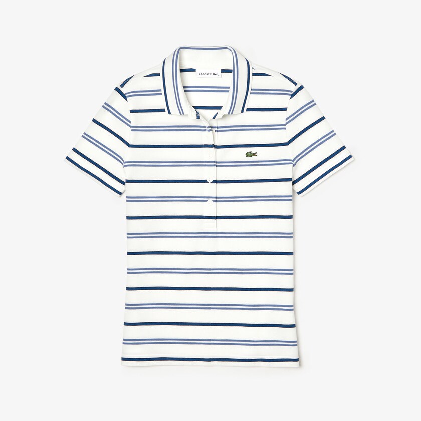 Camisa Polo Lacoste Slim Fit Striped Stretch Piqué Mujer Blancos Azules Azul Marino Azules | EG8-12021A4