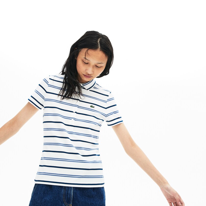 Camisa Polo Lacoste Slim Fit Striped Stretch Piqué Mujer Blancos Azules Azul Marino Azules | EG8-12021A4