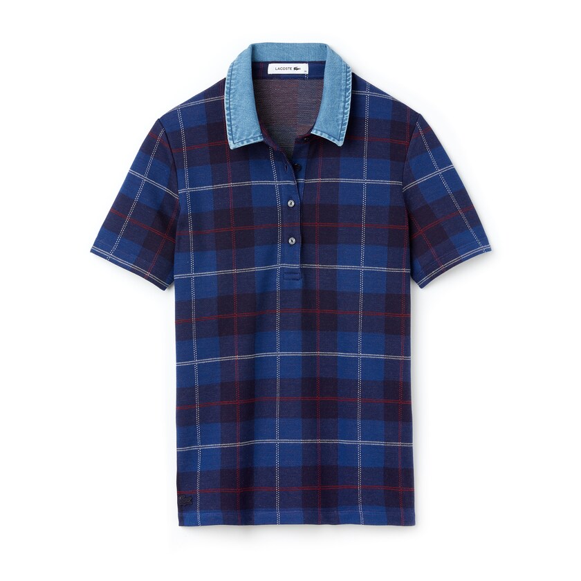 Camisa Polo Lacoste Tartan Check Cotton Jacquard Mujer Azul Marino Azules Azules | PZ2-74127L2