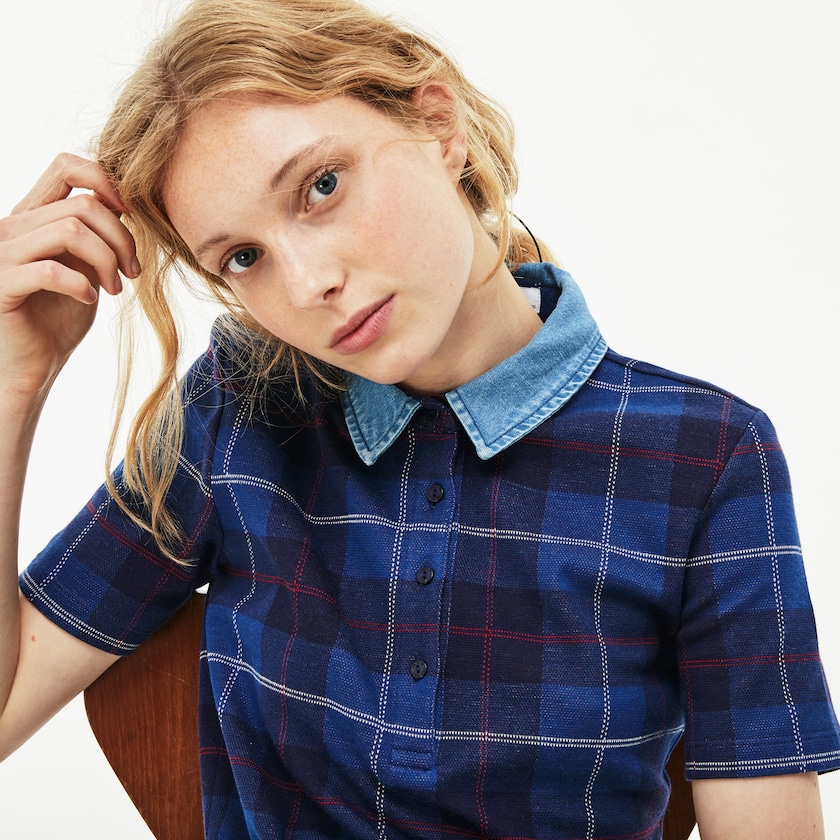 Camisa Polo Lacoste Tartan Check Cotton Jacquard Mujer Azul Marino Azules Azules | PZ2-74127L2